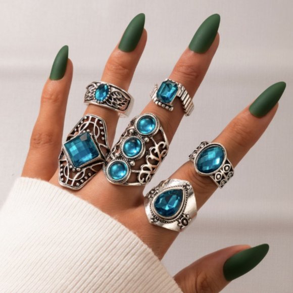 Set of 6 Bohemian Rings Silver Blue One Size - Picture 1 of 10